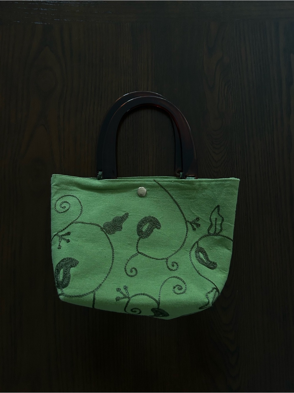 Green Floral Mini Tote with Dark Handle